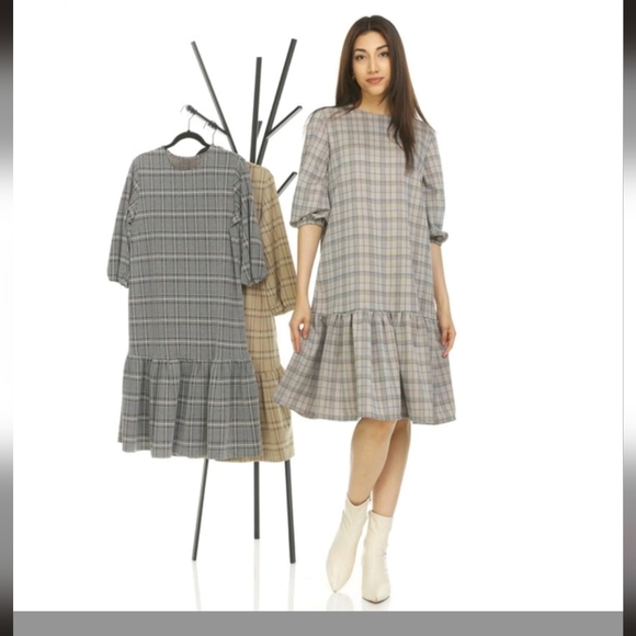 Renee Plaid Dress Grey/Mustard size small - Picture 2 of 4